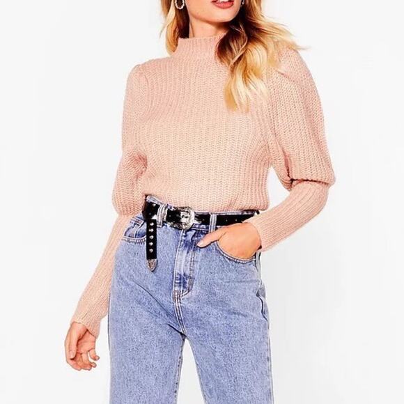 Nasty Gal Dusty Rose Pink Puff Sleeve Knit Sweater Medium - Picture 1 of 8